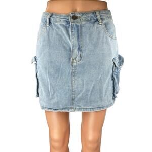 Sincerely Jules Women's Blue Light Wash Cargo Denim Jeans Mini Skirt Size 13